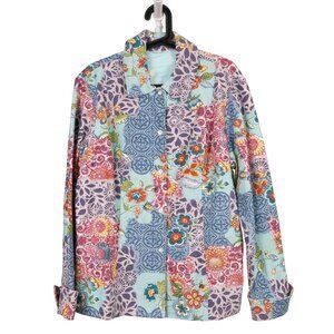 Patchwork Floral Jean Jacket L Womens Pastel Denim Long Blue Boho Hippie